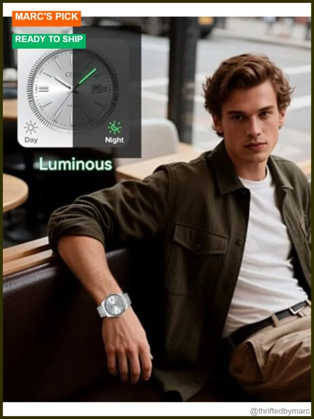 Analog Mens Watch with Date Luminous Hands Stainless Steel Dress Watch